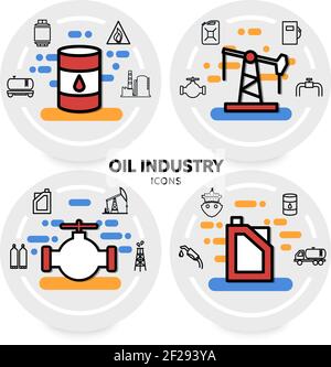 Oil industry concept with canister drilling rig valve barrel refinery factory pipe fuel pump dispenser truck tanker isolated vector illustration Stock Vector