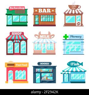 Store and shop buildings flat icons set. Fast food, fish shop, book and pharmacy, milk and bar, coffe and barbershop. Vector illustration Stock Vector
