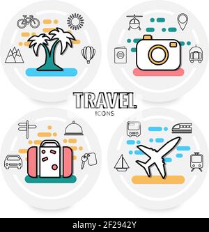 Summer vacation concept with palm tree transport sun mountains passport luggage signboard map pin key camera line icons isolated vector illustration Stock Vector