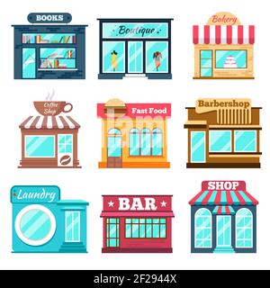 Shops and stores icons set in flat design style. Fast food, shop book, bar and coffe. Vector illustration Stock Vector