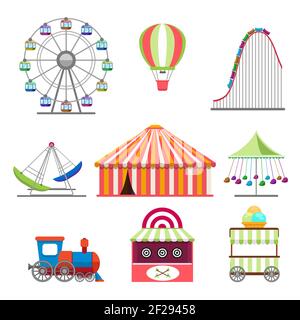 Amusement park icons set in flat design style Stock Vector