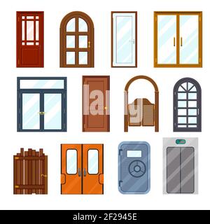 Vector colourful front doors set. Front architecture interior, wooden and colorful, doorway and exit illustration Stock Vector
