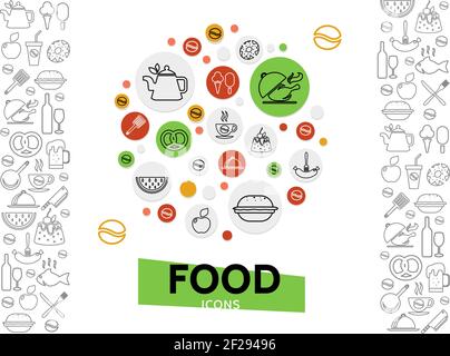 Food and drinks template with soda beer wine coffee beverages fastfood fish sweet products fruits ice cream kitchen utensil isolated vector illustrati Stock Vector