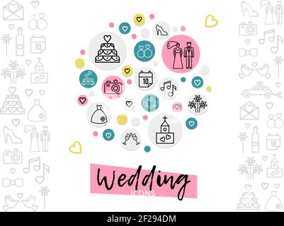 Wedding line icons concept with couple cake shoe rings date church fireworks camera dress bed pigeons car champagne glasses isolated vector illustrati Stock Vector