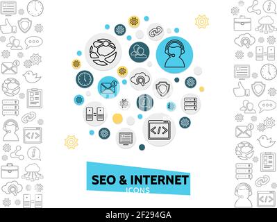 Internet technology template with operator globe chat seo optimization data exchange search shield routers clock computer envelope line icons isolated Stock Vector