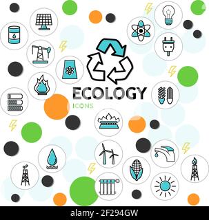 Ecology line icons set with oil barrel solar panel electric bulb socket battery tap drilling rig windmill trash radiator sun recycle isolated vector i Stock Vector