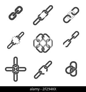 Chain or link icons set. Broken or closed segment, union ir unite, component connect part, vector illustration Stock Vector