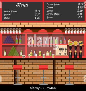 Interior of the bar with board menu. Cocktail drink, glass and alcohol, wine bottle, shelf and martini, beer and stool, vector illustration Stock Vector