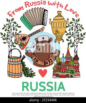 Flat Russia travel concept with bear in national hat wooden bucket samovar St Basil Cathedral accordion balalaika birch trees vector illustration Stock Vector