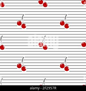 Seamless pattern with red cherries and black lines on white background. Vector fruit striped illustration. Summer bright Vector illustration good for Stock Vector