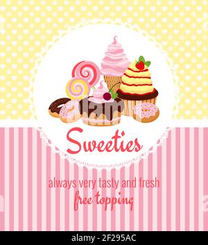 Greeting card template with retro patterns of yellow polka dots and pink stripes around a round frame with desserts Stock Vector