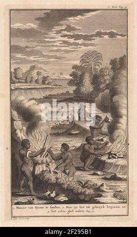 Khoi smelten en bewerken ijzer.In the foreground two men who have dug a hole in the earth, and burning fire so that the iron melts. In the background they store the iron in the desired shape and grind it smoothly on a stone. A legend in Dutch in the margin. Stock Photo