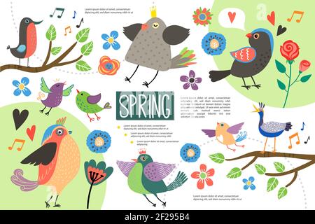 Flat hello spring infographic concept with singing pretty birds different blooming beautiful flowers hearts and music notes isolated vector illustrati Stock Vector