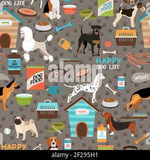 Dogs seamless pattern with equipment Stock Vector