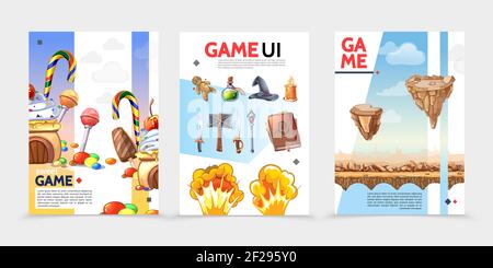 Flat game UI posters with sweet products witch hat voodoo doll candle poison bottle weapon explosions desert landscape islands in air vector illustrat Stock Vector