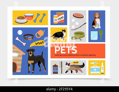 Set of flat pet supplies and animal background template Stock Vector