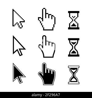 Pixel cursors icons hand arrow hourglass vector image Stock Vector