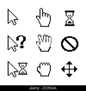 Pixel cursors icons hand arrow hourglass vector image Stock Vector