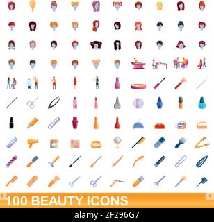 100 beauty icons set. Cartoon illustration of 100 beauty icons vector set isolated on white background Stock Vector