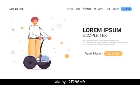 casual man riding electrical scooter young guy on gyroscooter personal electrical transport full length horizontal copy space vector illustration Stock Vector