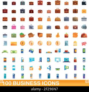 100 business icons set. Cartoon illustration of 100 business icons vector set isolated on white background Stock Vector
