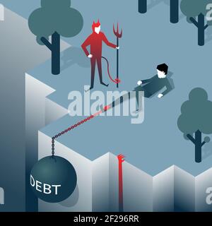 Debt takes off man over a cliff. Load pulls into the abyss. Bankruptcy, liabilities. Vector illustration Stock Vector