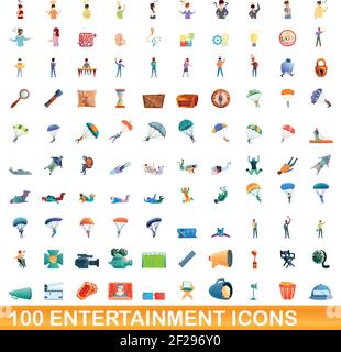 100 entertainment icons set. Cartoon illustration of 100 entertainment icons vector set isolated on white background Stock Vector