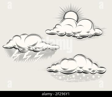 Engraving weather. Sun behind a cloud, rain, snow and lightning and storm. Vector illustration Stock Vector