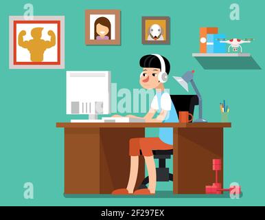 Freelancer at work, creative freelancer designer with computer, web technology, workplace employee. Freelancer vector illustration Stock Vector