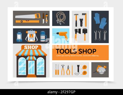 Flat tools shop infographic concept with construction repair equipment and accessories isolated vector illustration Stock Vector