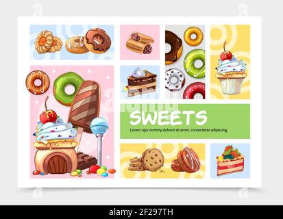 Cartoon sweets infographic concept with desserts ice cream cakes lollipops donuts biscuits macaroons chocolate bar candies isolated vector illustratio Stock Vector