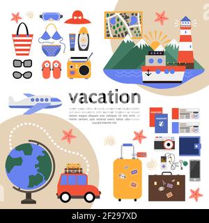 Flat summer vacation composition with cruise ship airplane and car travel map baggage wallet radio slippers swimsuit tickets camera sunglasses sunscre Stock Vector