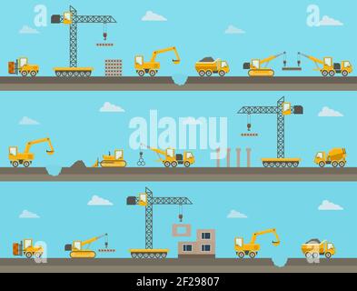 Set of seamless horizontal construction background with construction equipment icons. Vector illustration Stock Vector