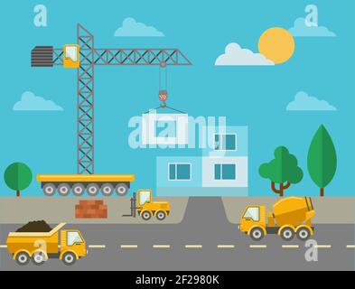 Construction process with construction machines and erected building. Construction site and concrete mixer, tower crane and truck. Vector illustration Stock Vector