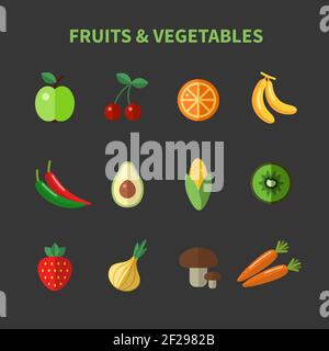 Set of fruits and vegetables flat icons. Apple and cherry, avocado and corn and carrots Stock Vector