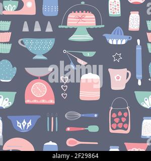 Baking pattern design. Vector seamless repeat of home cake cooking utensils and ingredients.Home baking resource. Stock Vector
