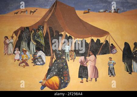 Moroccan Bedouin Art Showing Tent and Camels In The Sahara Sand Dunes Stock Photo