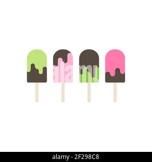 four ice cream lolly on white background. Popsicle ice-cream on a stick with chocolate. summer sweet icon. Vector flat illustration. Stock Vector