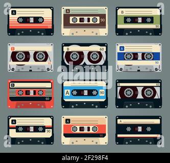 Set of vector retro audio cassettes. Tape and audio, music and sound, media and record Stock Vector