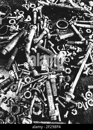 Distressed overlay texture of rusted peeled metal, bolts, female internal screw, pin, nuts, nobnail, nail. grunge background. abstract halftone vector Stock Vector
