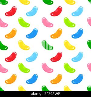 Jelly beans gummy sweet candies seamless pattern with amazing flavor flat style design vector illustration. Bright colorful jelly delicious sweets can Stock Vector