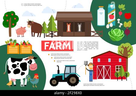 Flat farming and agriculture infographic template with animals farmer barn tractor trees milk juice crates of vegetables and fruits vector illustratio Stock Vector