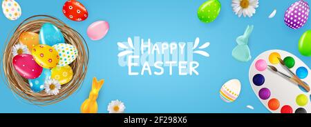 Easter poster template with 3d realistic Easter eggs, nest, paints, bunny. Template for advertising, poster, flyer, greeting card. Vector Illustration Stock Vector