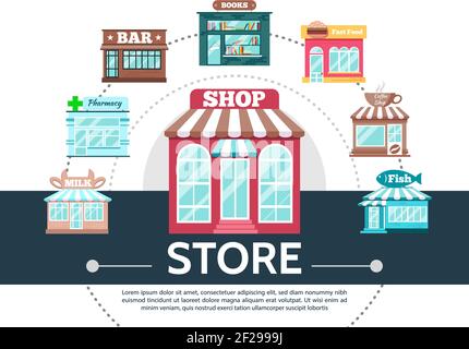 Flat stores round template with bar books fish milk fast food coffee pharmacy shops isolated vector illustration Stock Vector