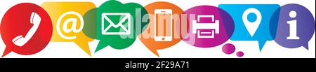 Contact icons on colorful speech bubbles e-mail phone location letter fax info Stock Vector