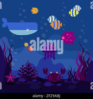 Underwater world. Ocean or sea, fish in aquarium and whale,  vector illustration Stock Vector