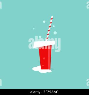 take-out red cup with juice, cocktail or soda with straw. disposable cardboard glass. Paper container with beverage icon. Isolated on blue background. Stock Vector
