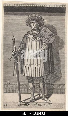 Portret van Jan II, graaf van Holland; Ioannes Hannoniae; Graven en gravinnen van Holland en Zeeland; Principes Hollandiae et Zelandiae.Jan II, Count of Holland and Hainaut. Standing, full. He is wearing a sword in his right hand. On his left shoulder the coat of arms of Holland and Hainaut. The print serves as an illustration at a book about the history of the graves of Holland. Stock Photo