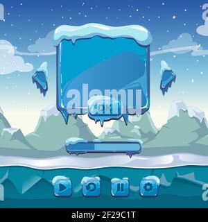 Main winter game menu. Interface cartoon gui, ice and cold, app button, vector illustration Stock Vector