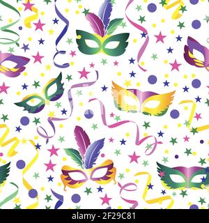 Carnival seamless background with stars, mask and ribbons Stock Vector